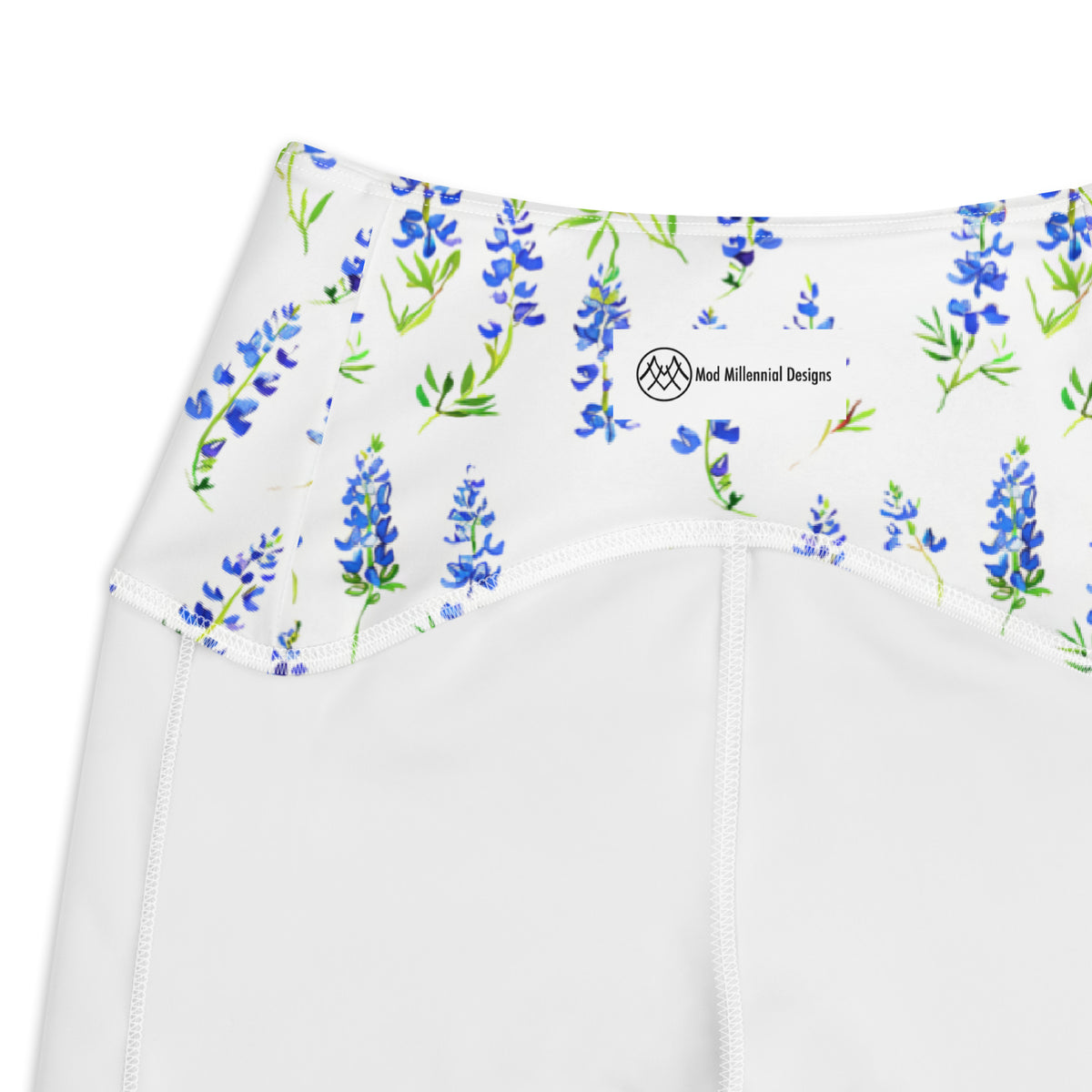 white crossover leggings with Texas bluebonnet feminine floral botanical pattern showing the inner band details