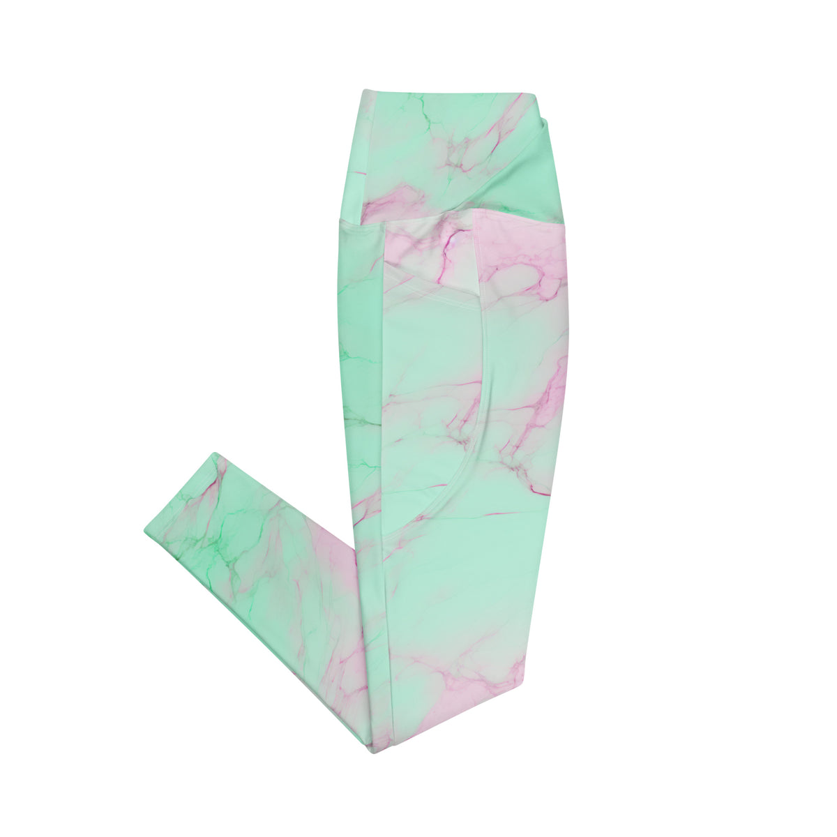 Obrey mint green crossover leggings with pink lavender marble pattern and side pockets side pockets