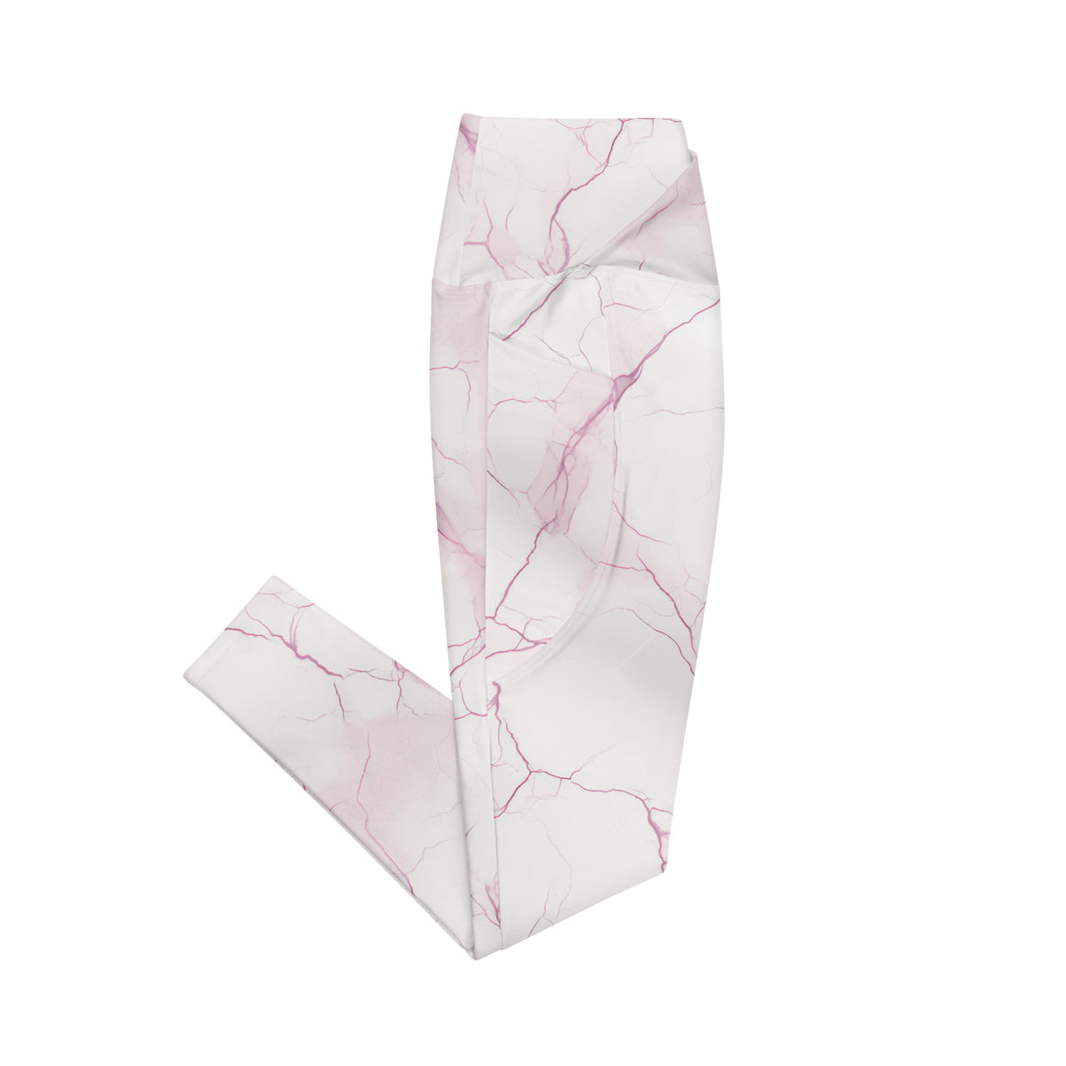 Odette white crossover leggings with blush pink marble veining and side pockets side pockets