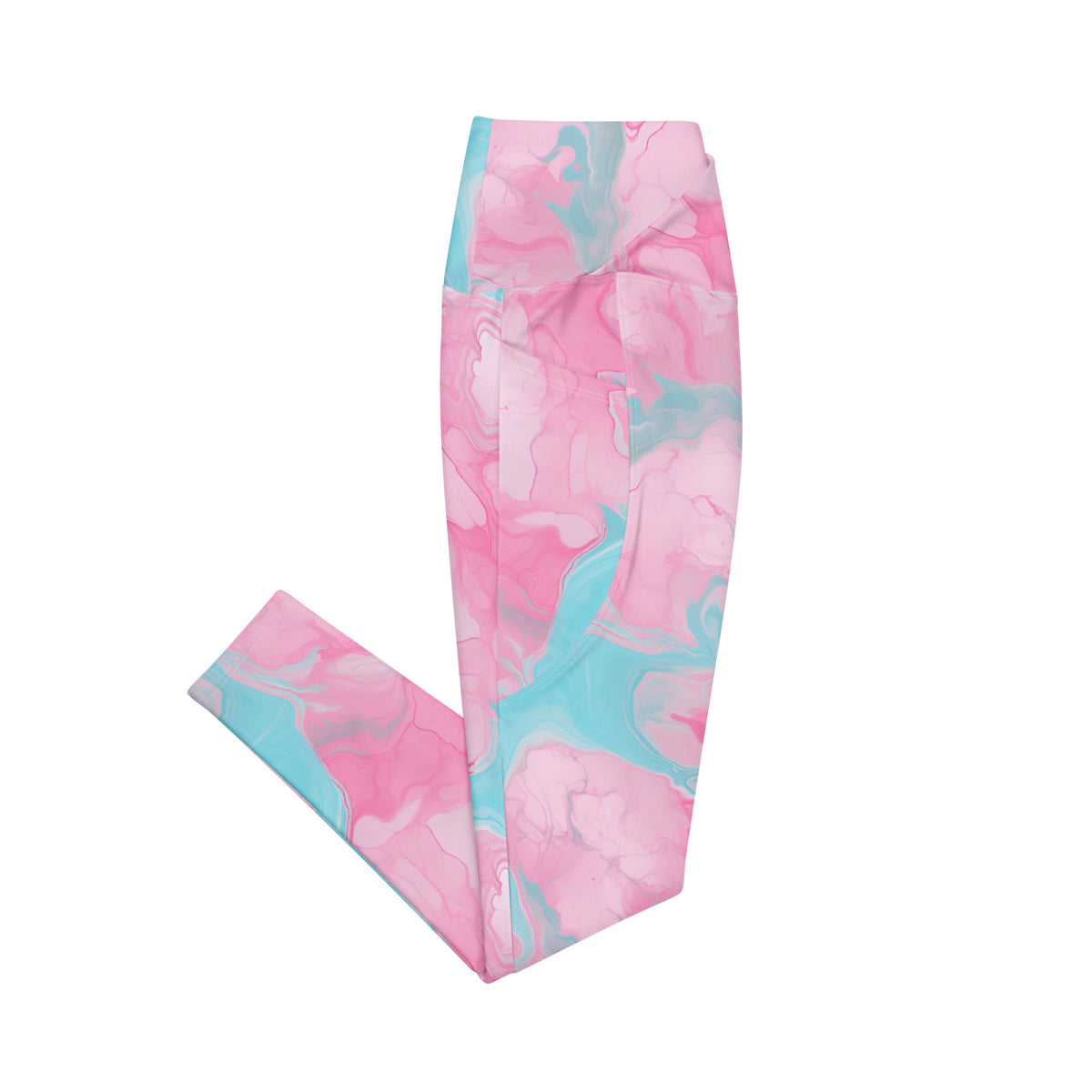 Ollie pink crossover leggings with aqua turquoise marble pattern and side pockets side pockets