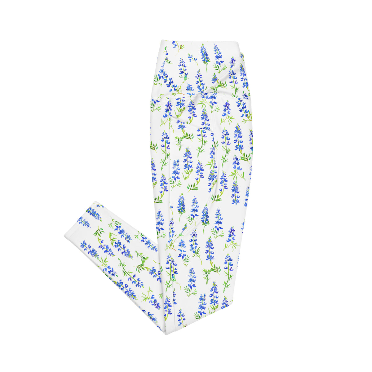 white crossover leggings with Texas bluebonnet feminine floral botanical pattern showing the side view and side pockets