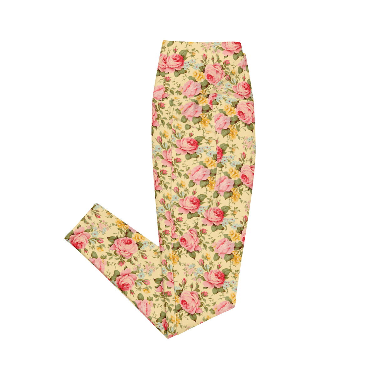 crossover butter yellow leggings with side pockets with pink yellow and blue rose florals feminine botanical patterns showing the side