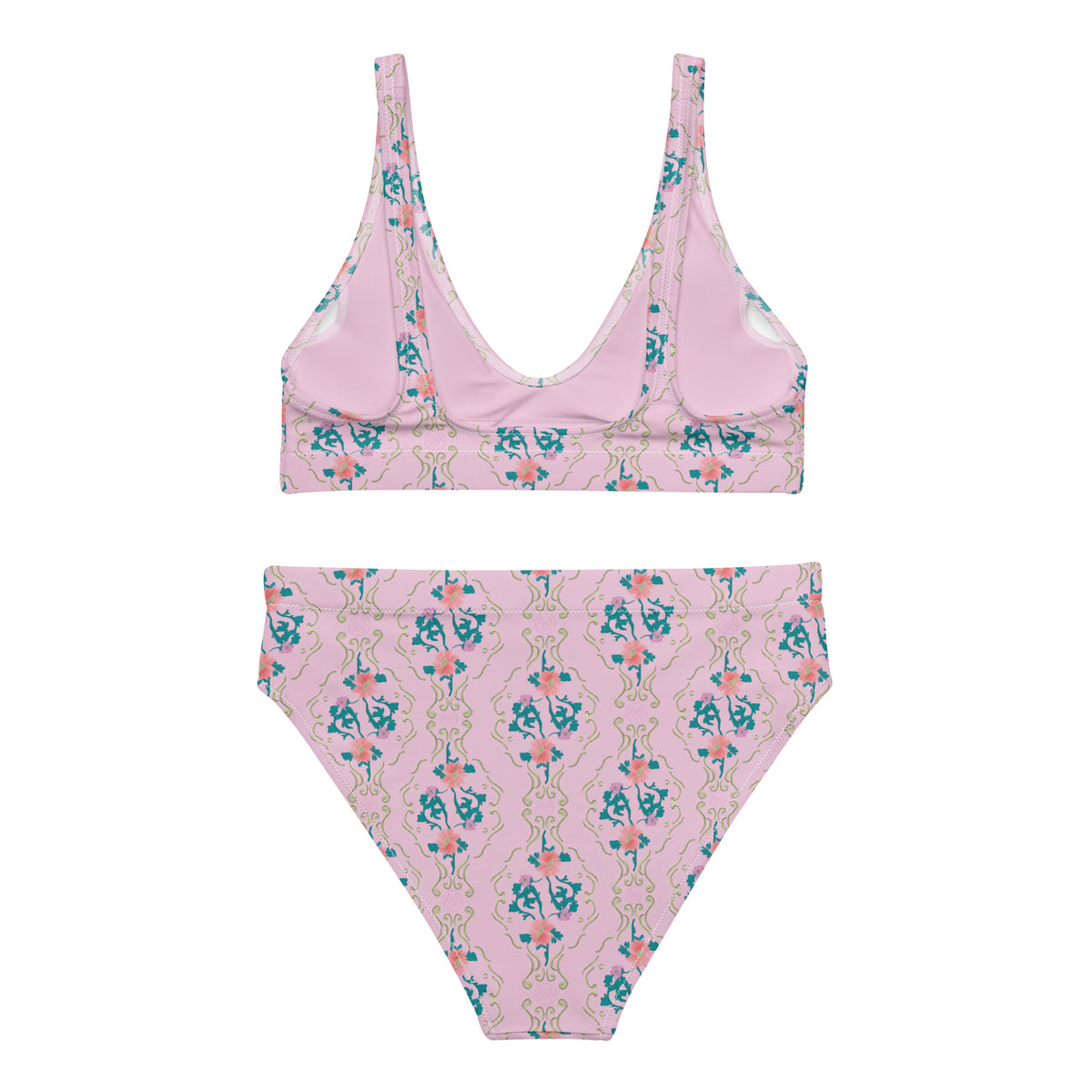 high-waisted bikini with blush pink, teal, coral pink and sage green ornate botanical floral pattern, romantic coquette vintage-inspired swimwear, back