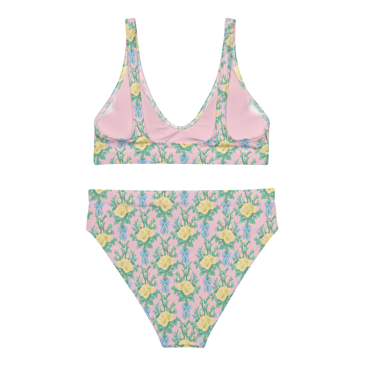 high-waisted bikini with blush pink, butter yellow roses, green botanical foliage and powder blue bows, romantic coquette floral swimwear, back