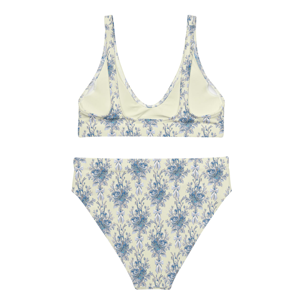 high-waisted bikini with ivory cream, powder blue and cornflower blue botanical floral toile pattern, romantic coquette vintage-inspired swimwear, back