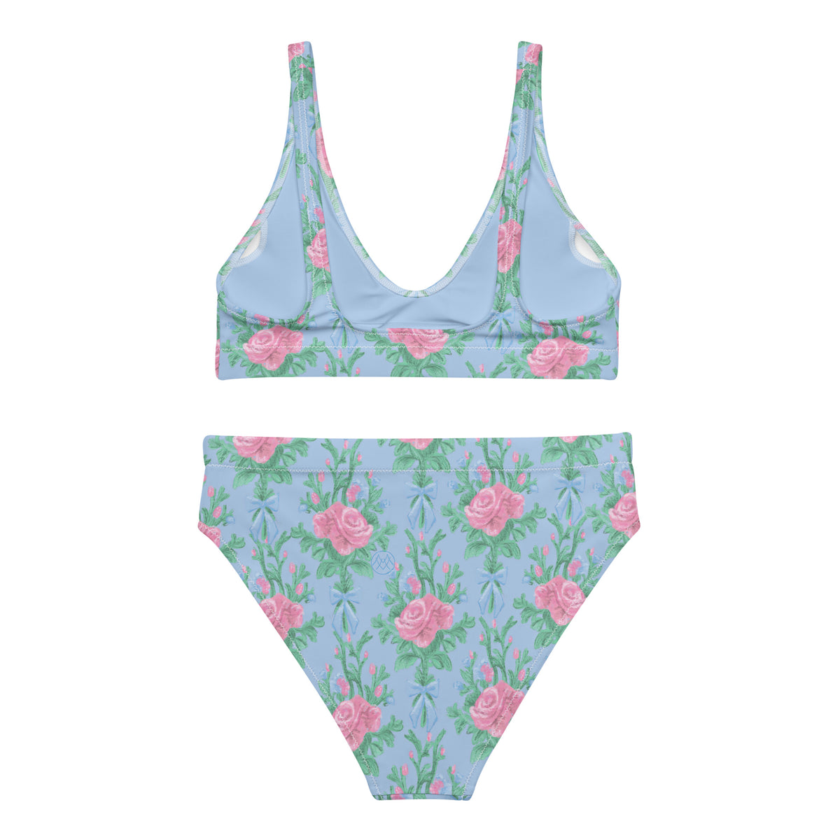 high-waisted bikini with powder blue, blush pink roses, green botanical foliage and blue bows, romantic coquette floral swimwear, back