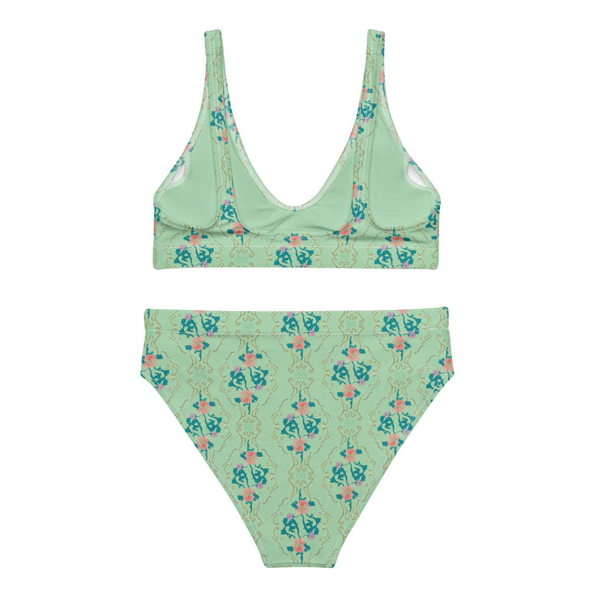 high-waisted bikini with mint green, turquoise blue, coral pink and lavender ornate botanical floral pattern, romantic coquette vintage-inspired swimwear, back