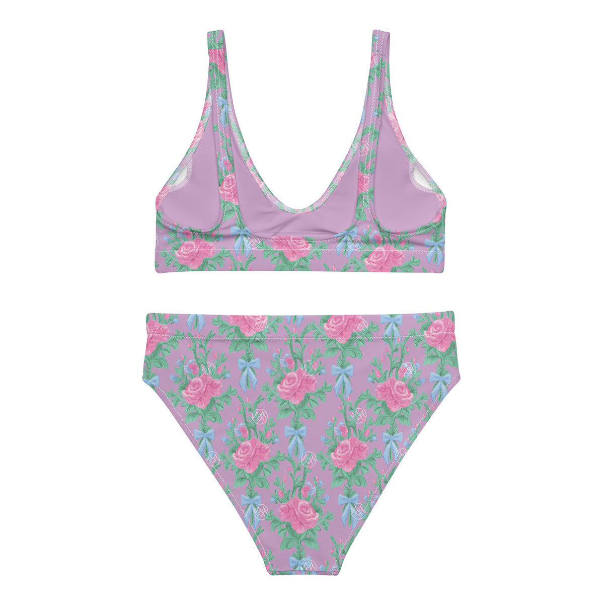 high-waisted bikini with lavender purple, pink roses, green botanical foliage and powder blue bows, romantic coquette floral swimwear, back