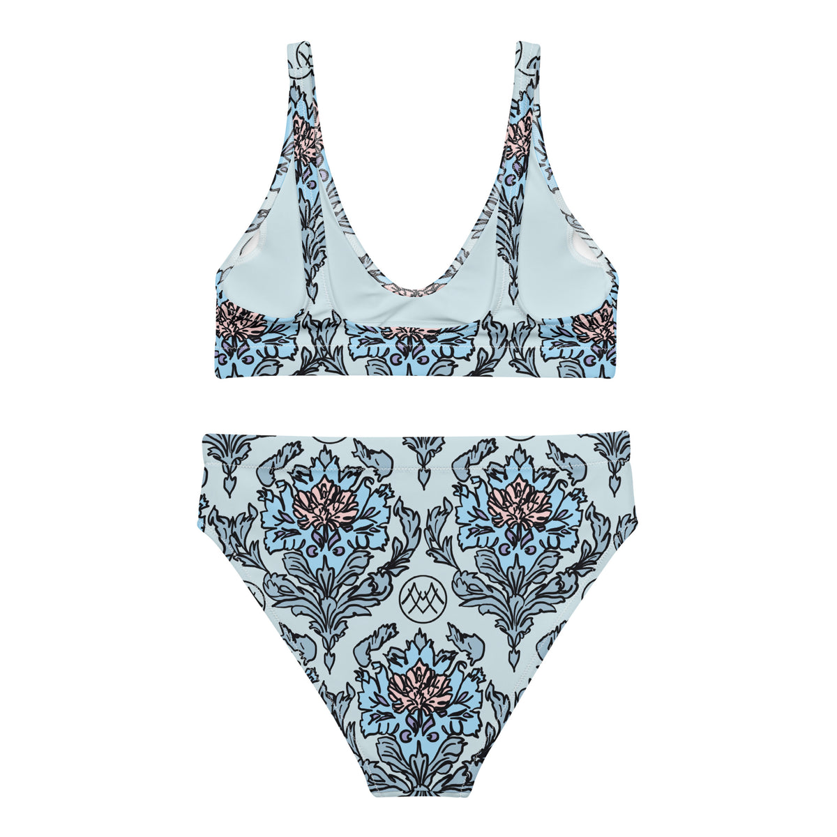 high-waisted bikini with powder blue, navy blue and blush pink ornate botanical floral pattern, coquette vintage-inspired swimwear, back