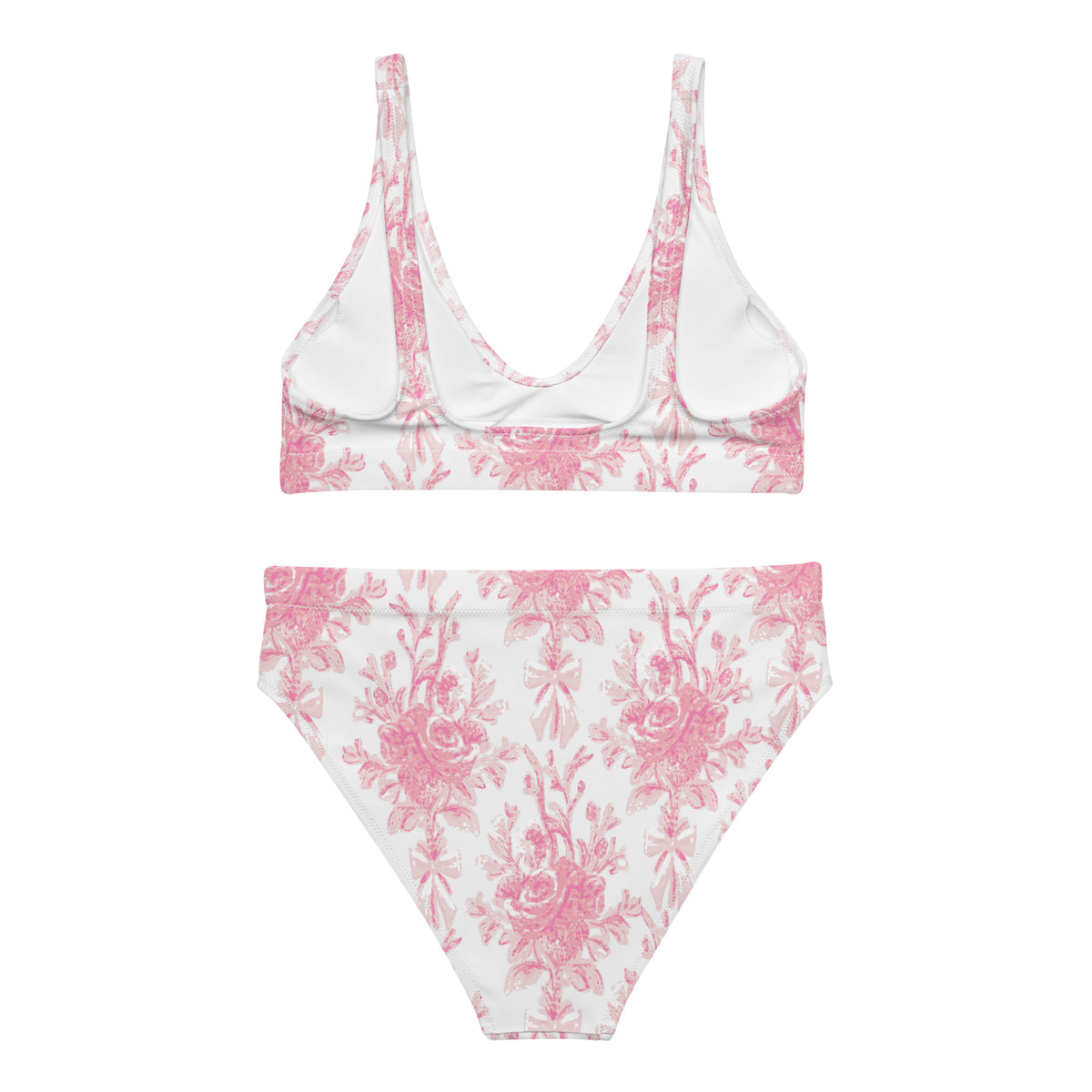 high-waisted bikini with pink and blush roses, bows and botanical florals on ivory white, romantic coquette vintage-inspired swimwear, back