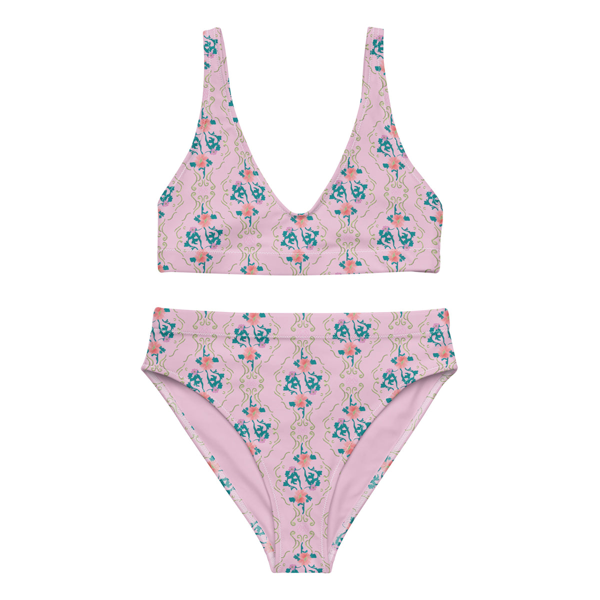 high-waisted bikini with blush pink, teal, coral pink and sage green ornate botanical floral pattern, romantic coquette vintage-inspired swimwear, front