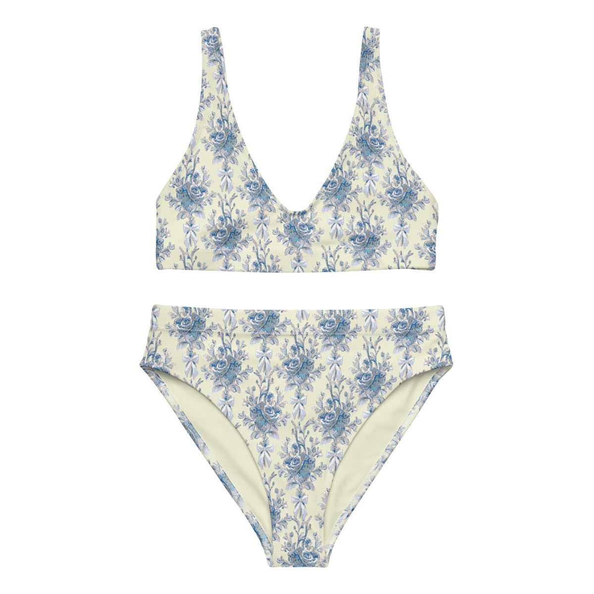 high-waisted bikini with ivory cream, powder blue and cornflower blue botanical floral toile pattern, romantic coquette vintage-inspired swimwear, front