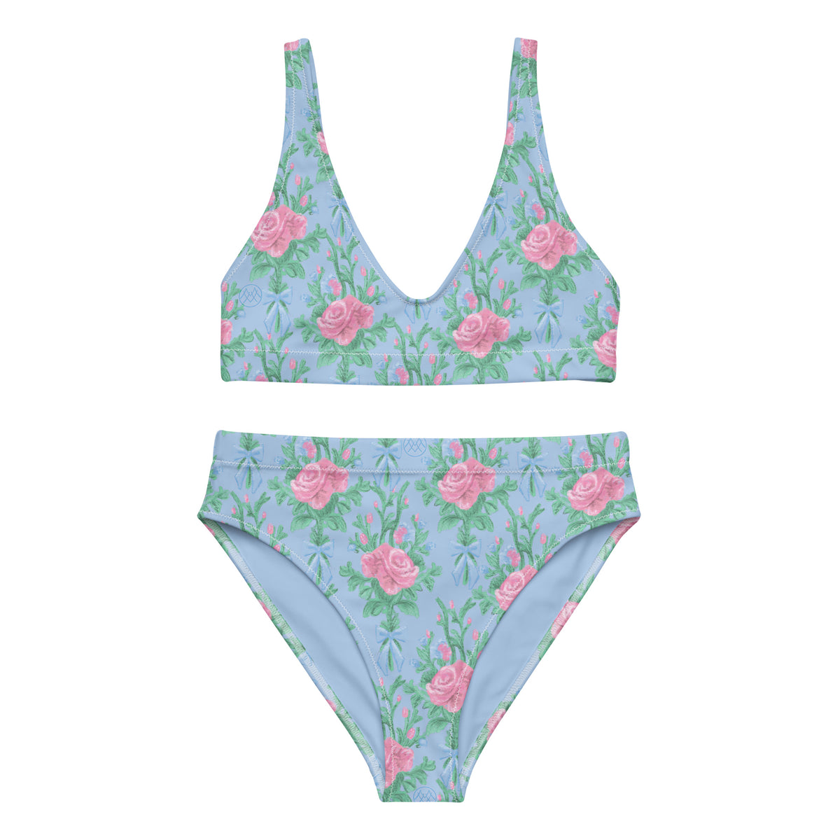 high-waisted bikini with powder blue, blush pink roses, green botanical foliage and blue bows, romantic coquette floral swimwear, front