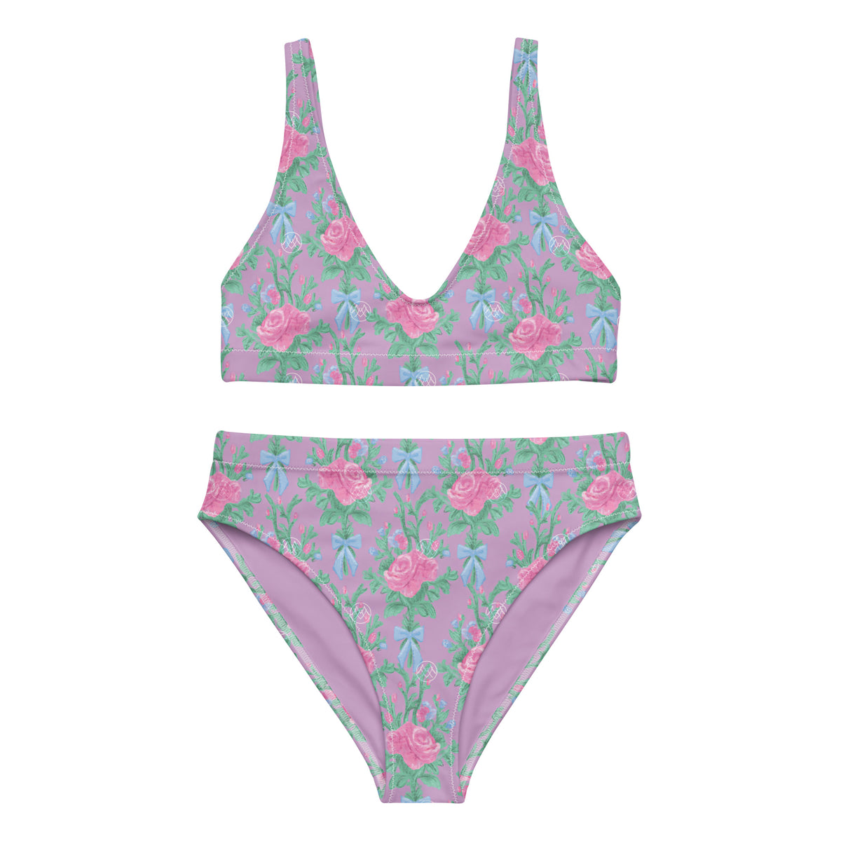 high-waisted bikini with lavender purple, pink roses, green botanical foliage and powder blue bows, romantic coquette floral swimwear, front