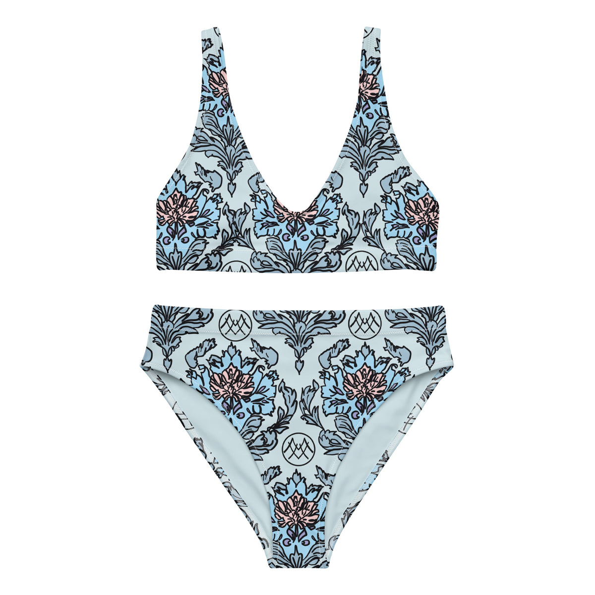 high-waisted bikini with powder blue, navy blue and blush pink ornate botanical floral pattern, coquette vintage-inspired swimwear, front