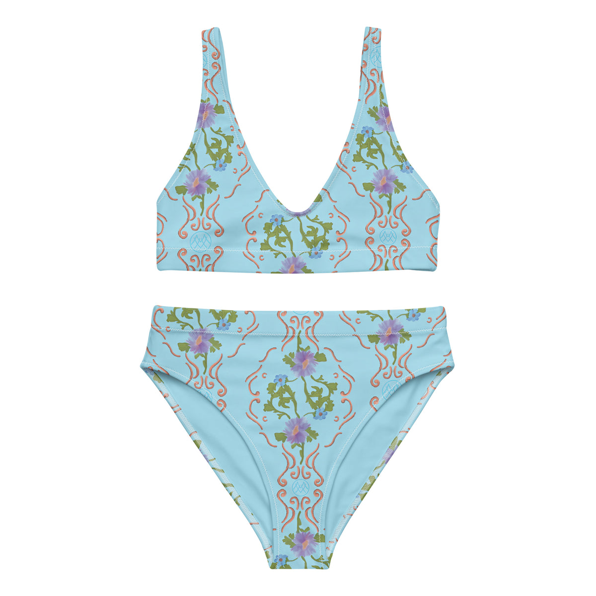 high-waisted bikini with sky blue, green, lavender purple and blush pink ornate botanical floral pattern, coquette vintage-inspired swimwear, front