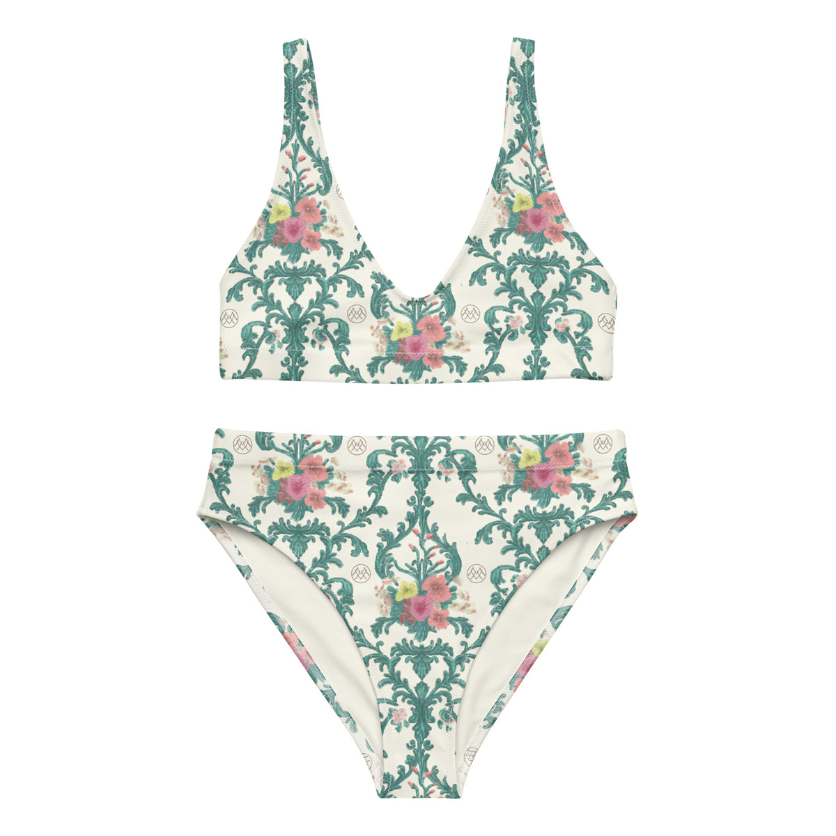 high-waisted bikini with ivory, teal green, coral pink and blush ornate botanical floral pattern, romantic coquette vintage-inspired swimwear, front