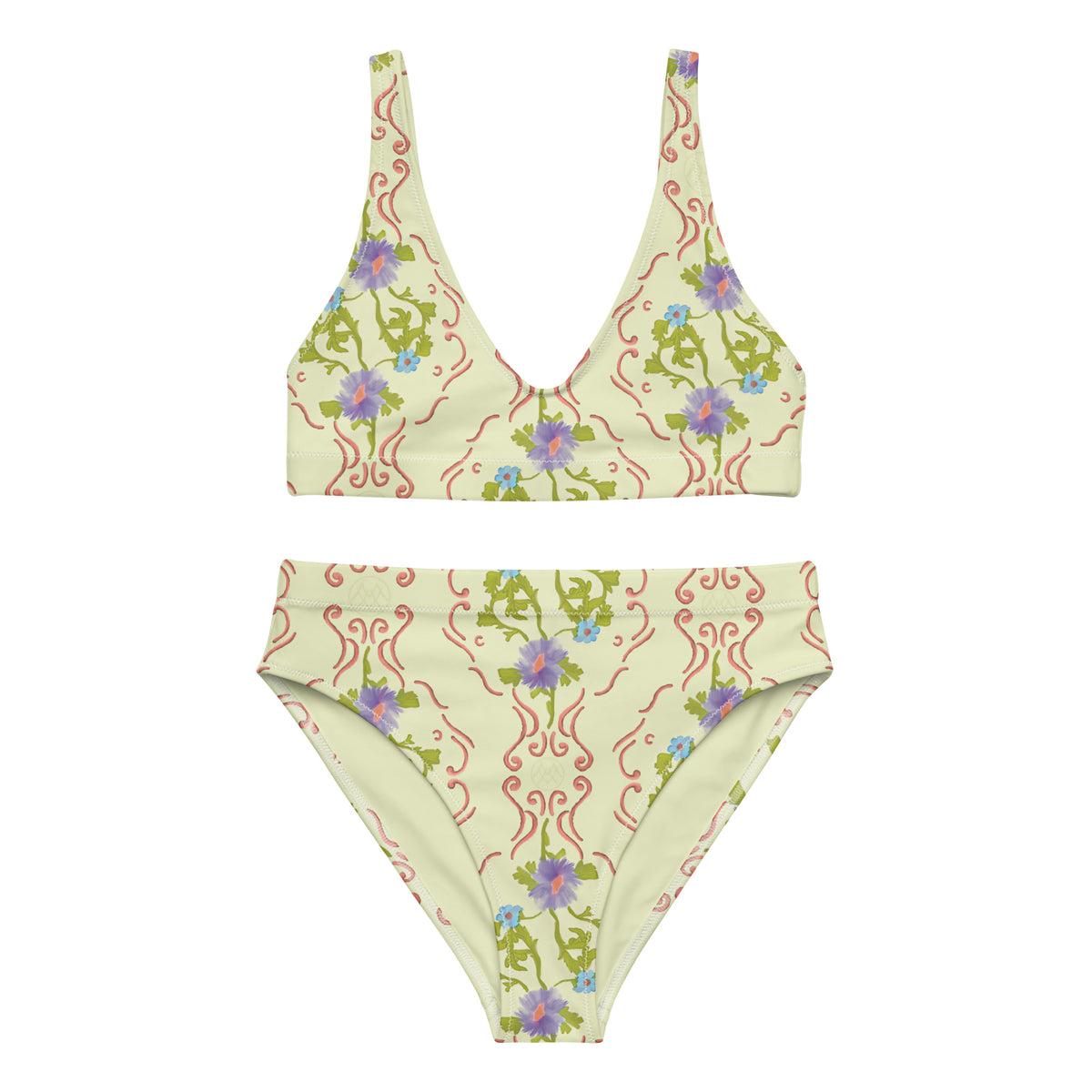 high-waisted bikini with pale buttercream yellow-green, lavender purple, blue, olive green and coral pink botanical floral pattern, coquette vintage-inspired swimwear, front