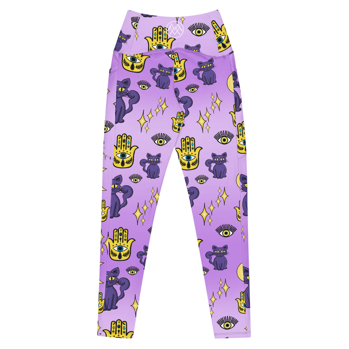 purple leggings with purple cats and yellow evil eye pattern on them with side pockets back view