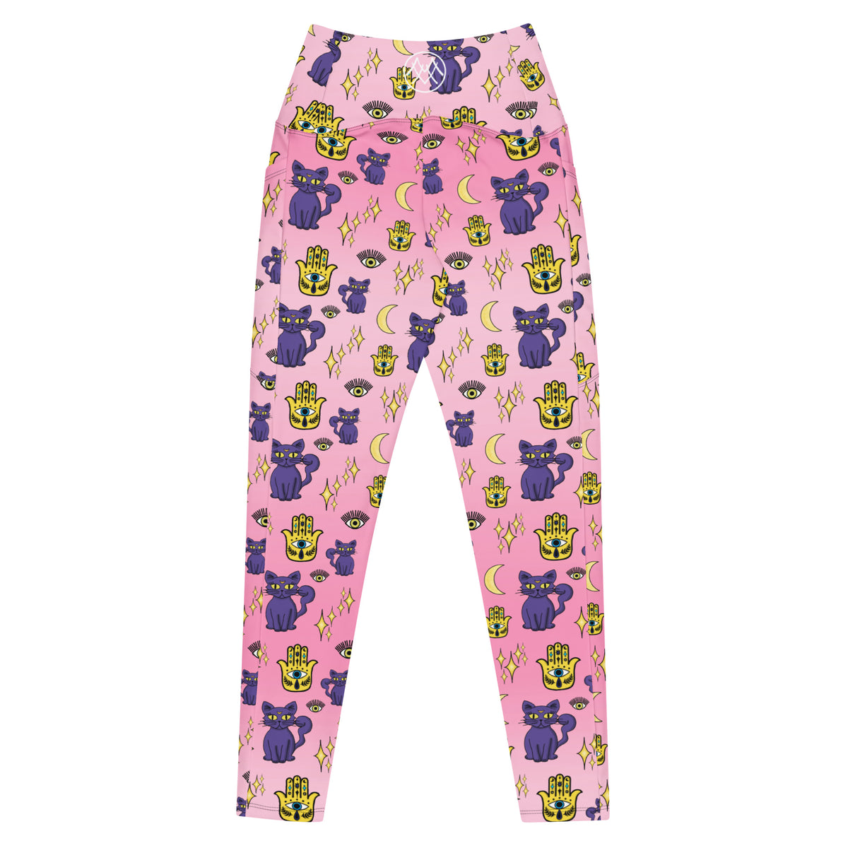 pink leggings with purple cat and evil eye patterns on them with side pockets showing the back