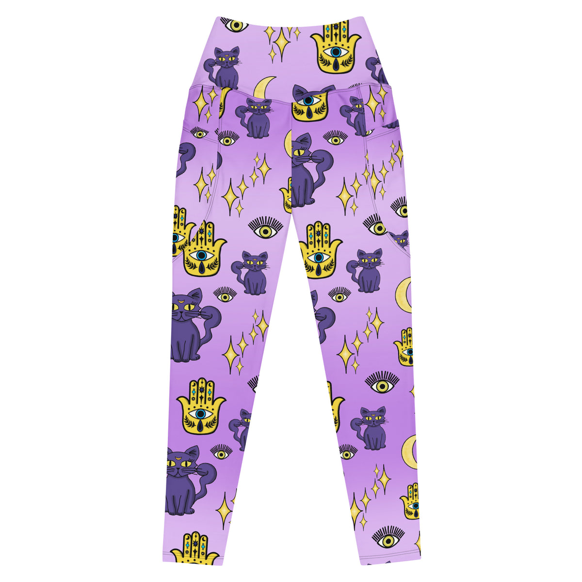 purple leggings with purple cats and yellow evil eye pattern on them with side pockets front view