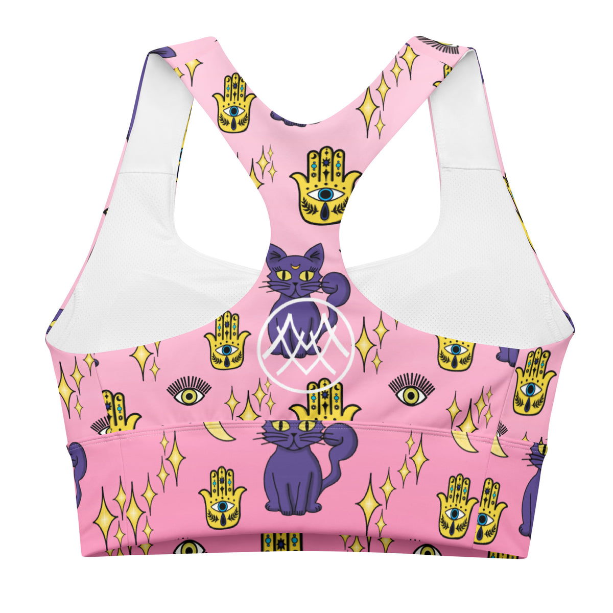 pink longline sports bra with purple cat and yellow evil eye pattern showing the back