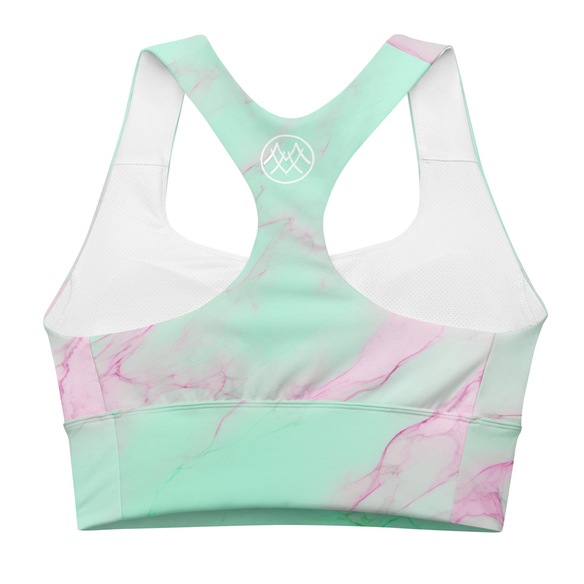 Obrey mint green sports bra with blush pink and lavender marble pattern back