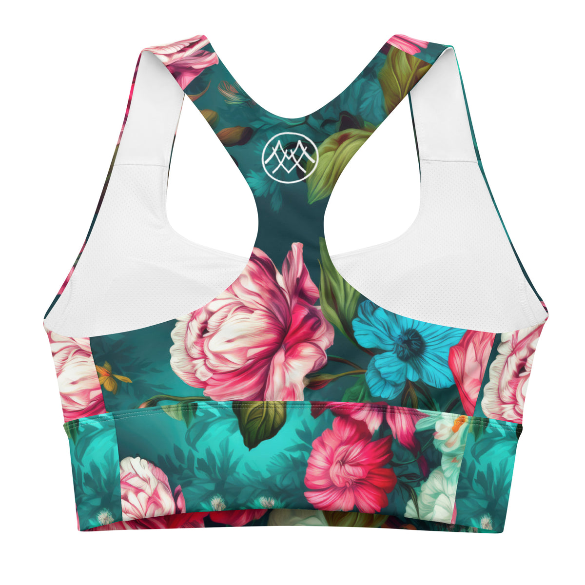 Back view of teal floral longline sports bra with colorful rose print