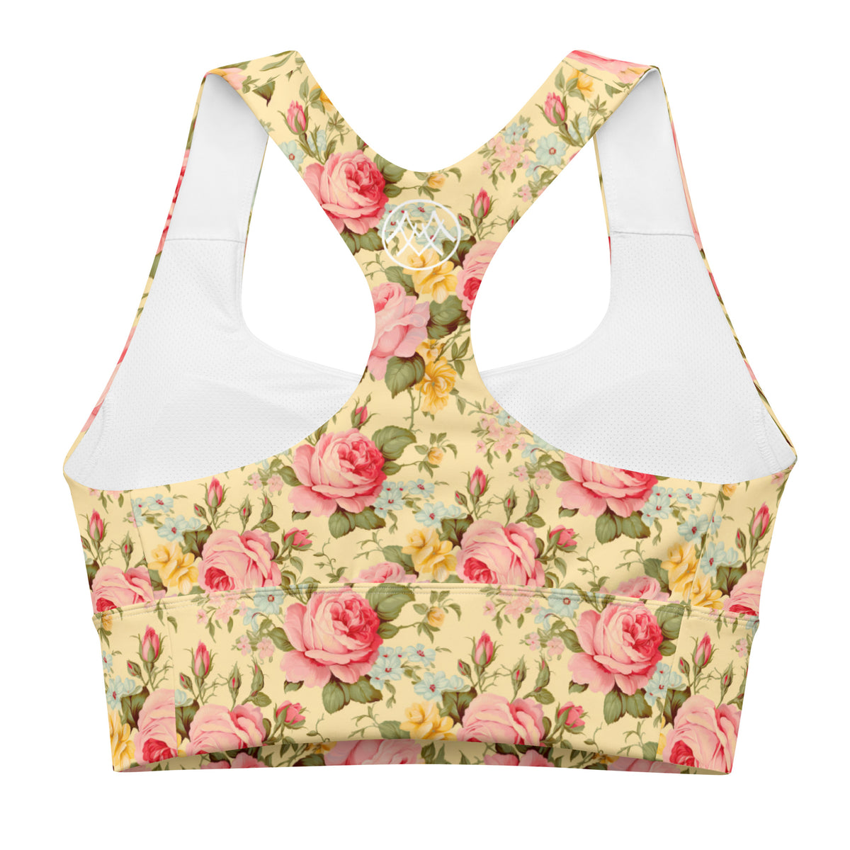 butter yellow longline sports bra with pink yellow and baby blue roses floral feminine botanical pattern showing the back