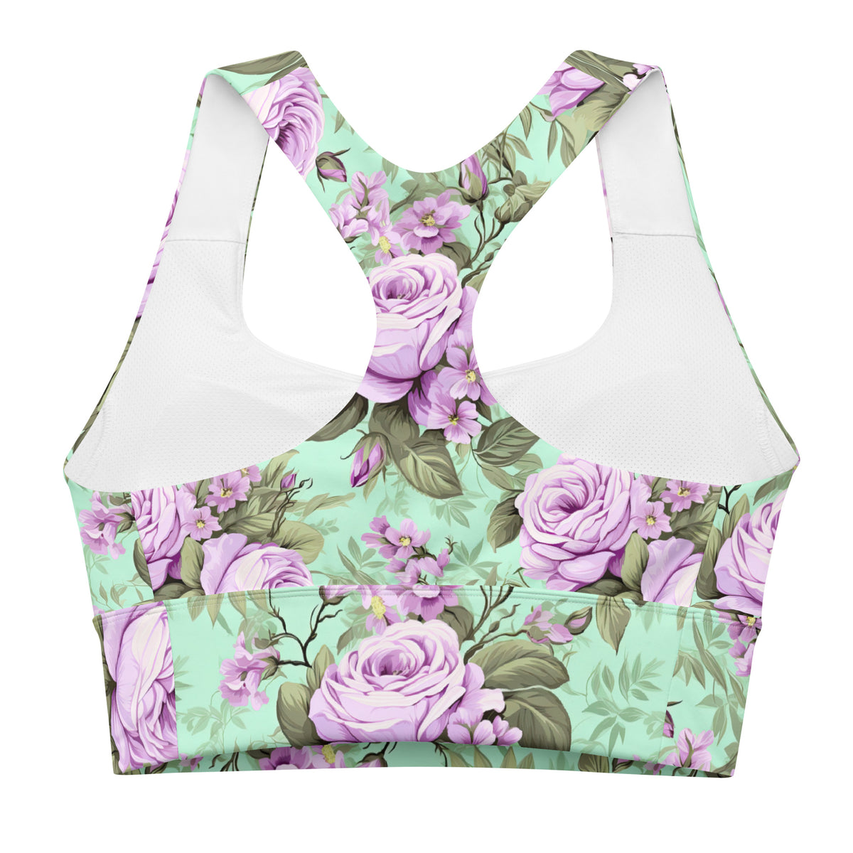 mint green longline sports bra with purple rose floral feminine botanical pattern showing the back