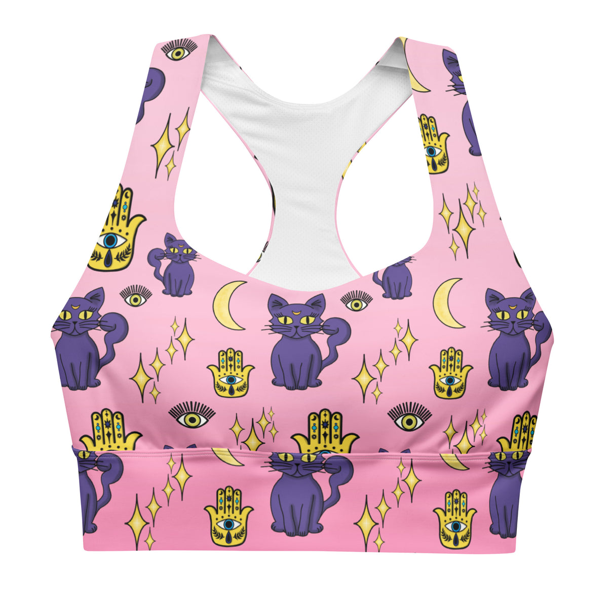 pink longline sports bra with purple cat and yellow evil eye pattern showing the front