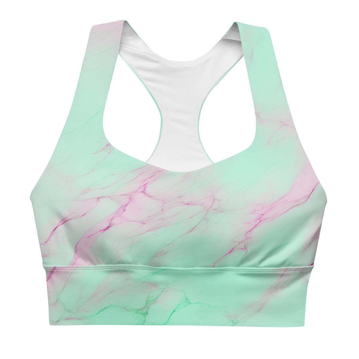 Obrey mint green sports bra with blush pink and lavender marble pattern front