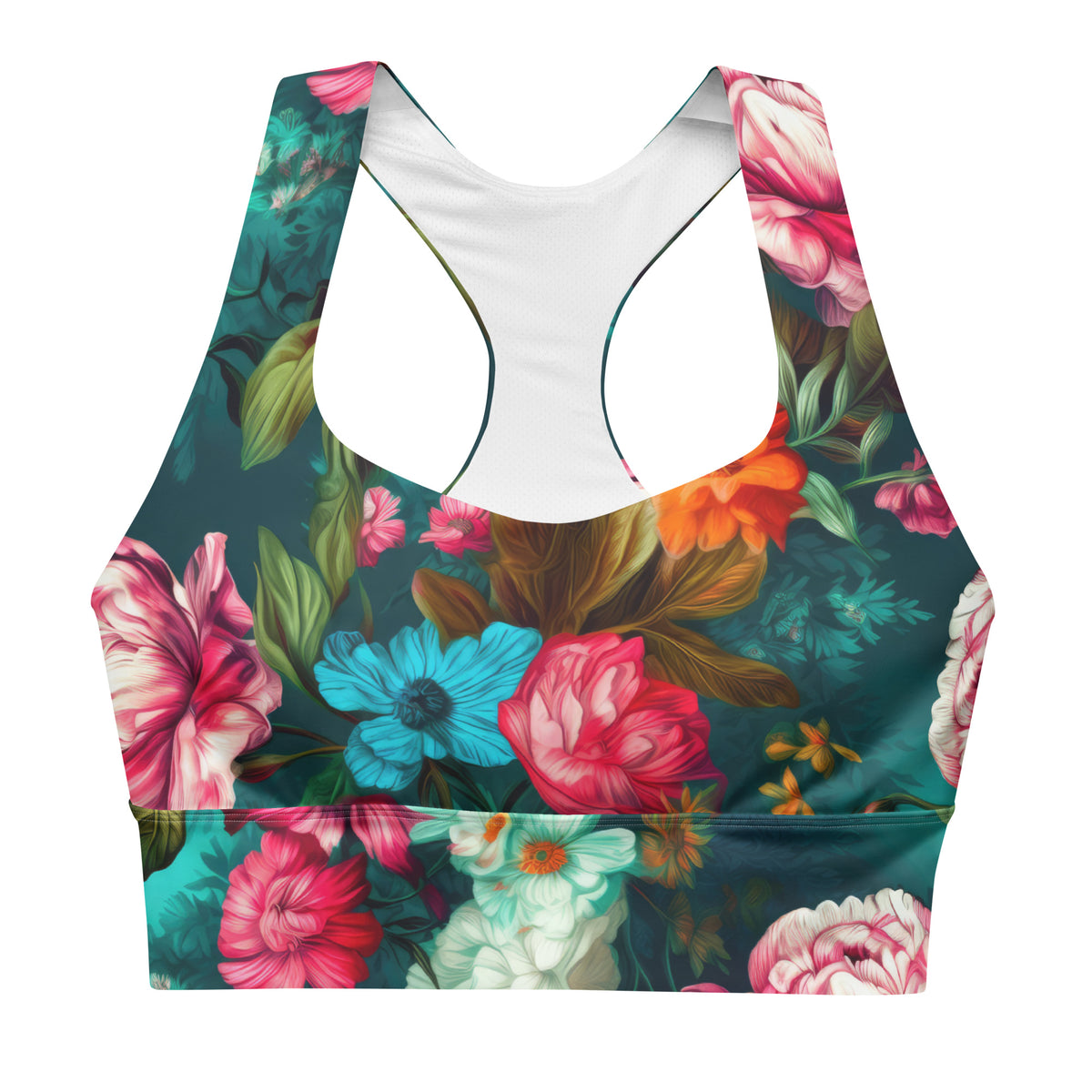 Teal floral longline sports bra with colorful rose print front view