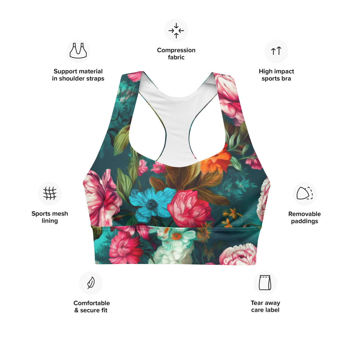 Teal floral sports bra features graphic showing compression fabric, removable padding, sports mesh lining, and supportive straps