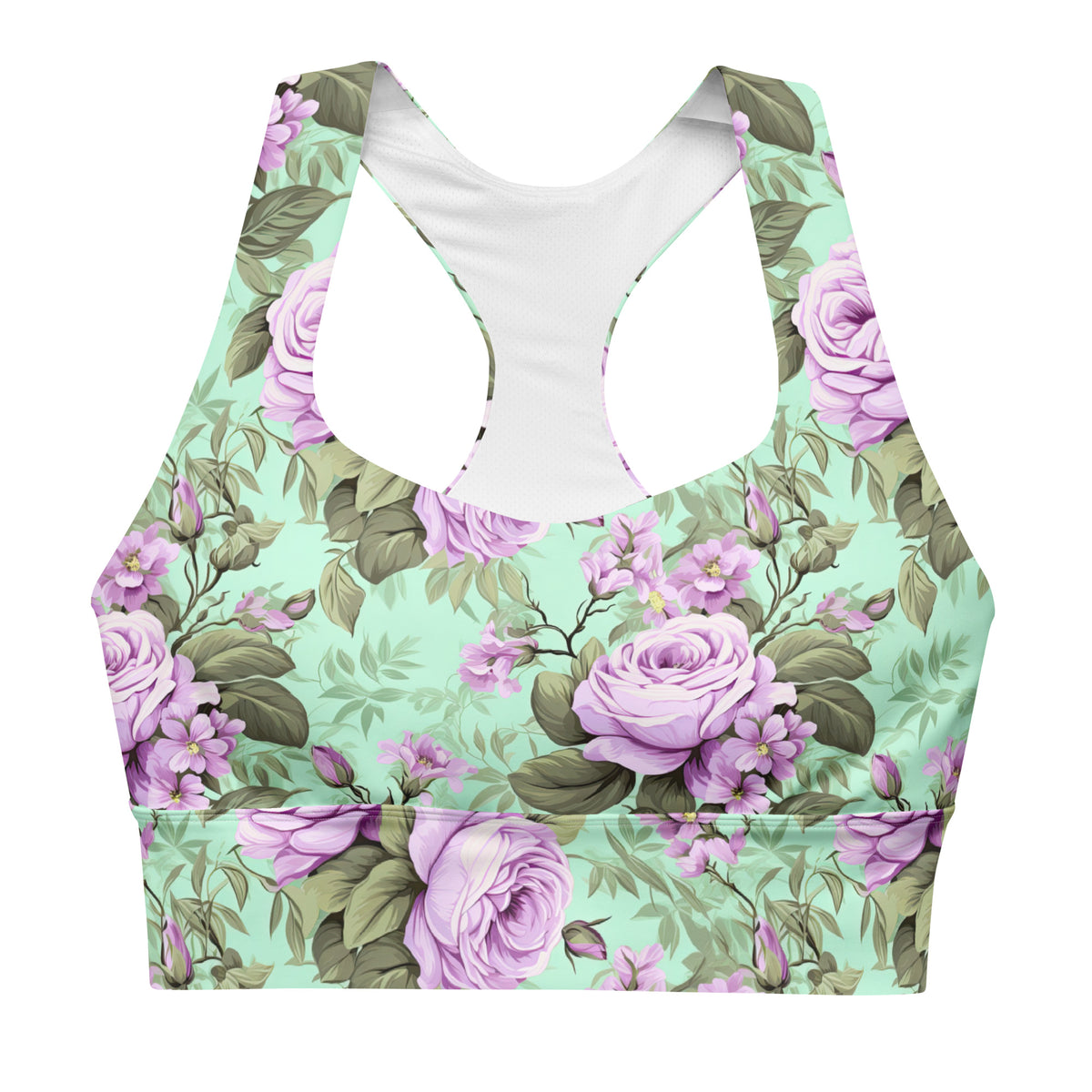 mint green longline sports bra with purple rose floral feminine botanical pattern showing the front