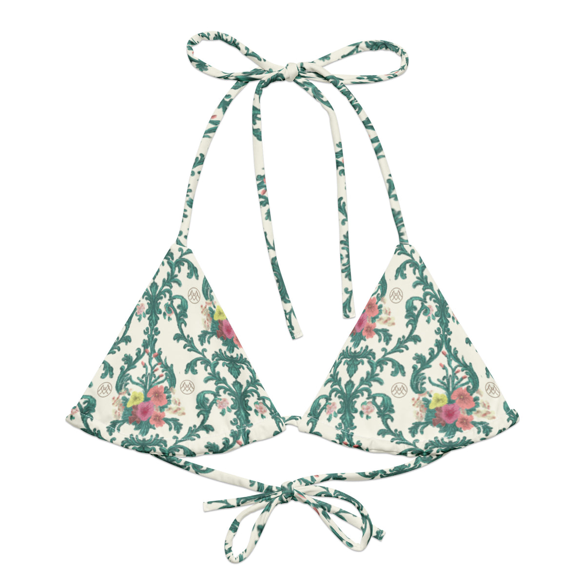 Chantilly Charm coquette string bikini top with ivory cream, teal green, coral pink and blush pink ornamental floral pattern front