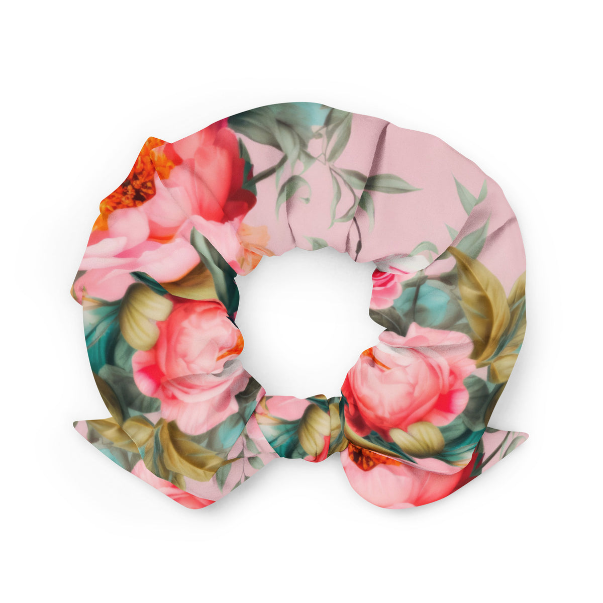 Baby pink scrunchie with feminine colorful botanical floral pattern on it with bow detail back view
