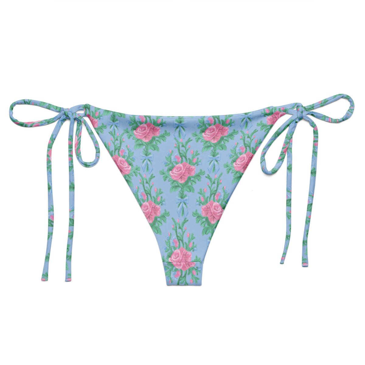 Bows & Blush coquette string bikini bottom with powder blue, blush pink roses, green foliage and blue bows back