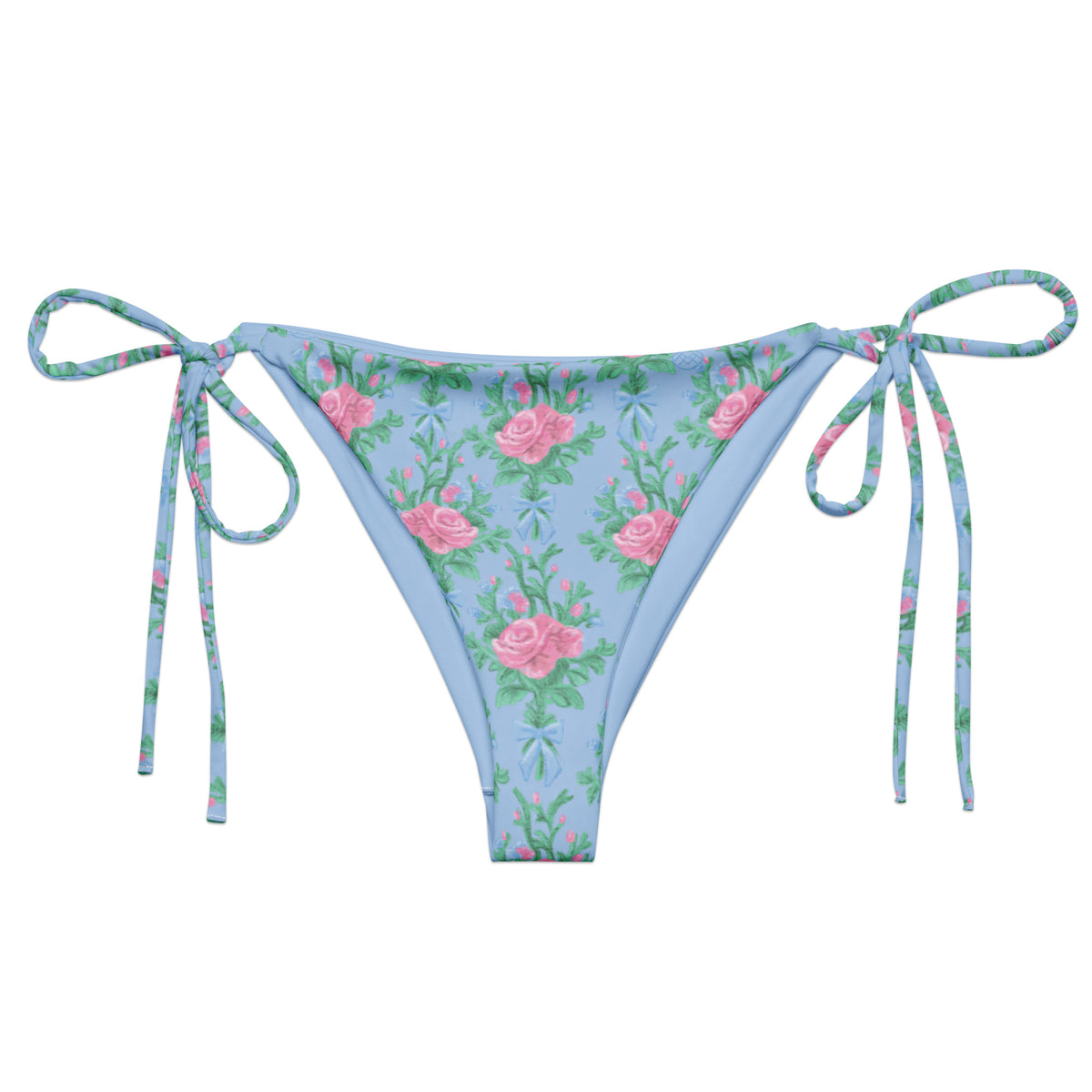 Bows & Blush coquette string bikini bottom with powder blue, blush pink roses, green foliage and blue bows front