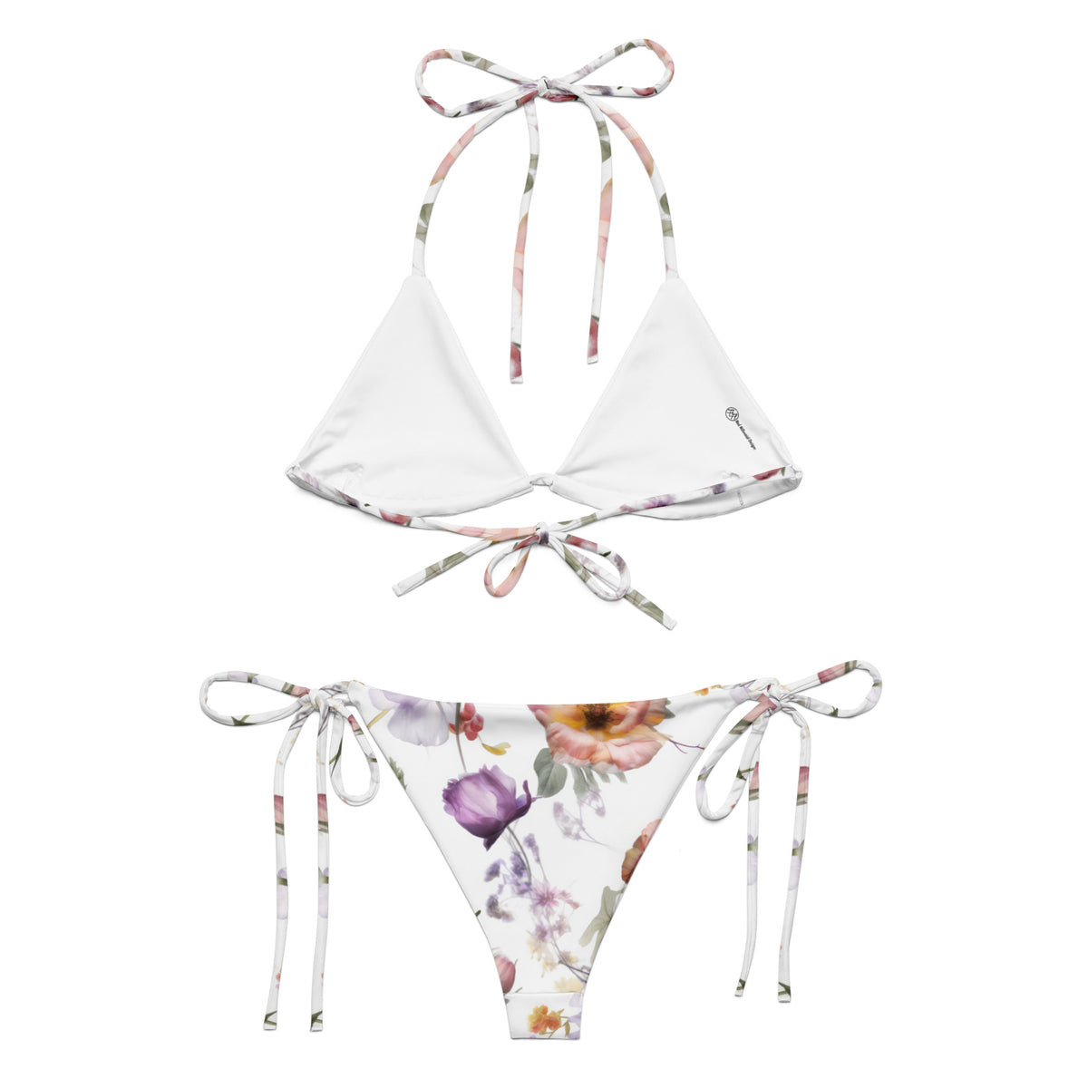 white string bikini with purple orange and floral botanical feminine pattern showing the back