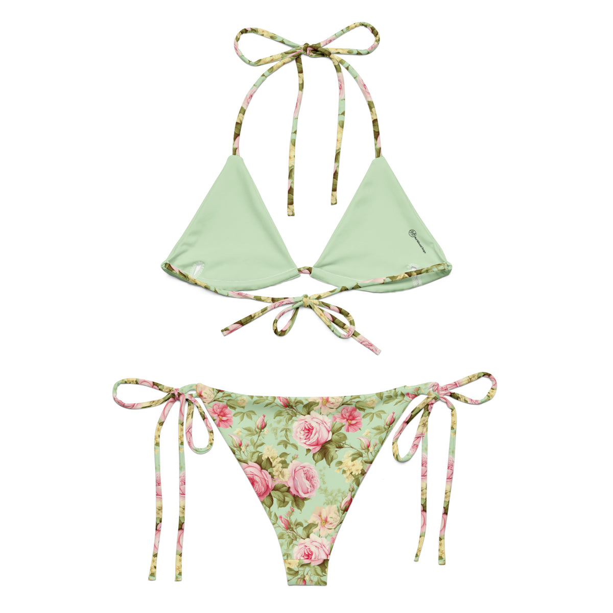 mint green string bikini with pink roses and green foliage feminine botanical floral pattern showing the back