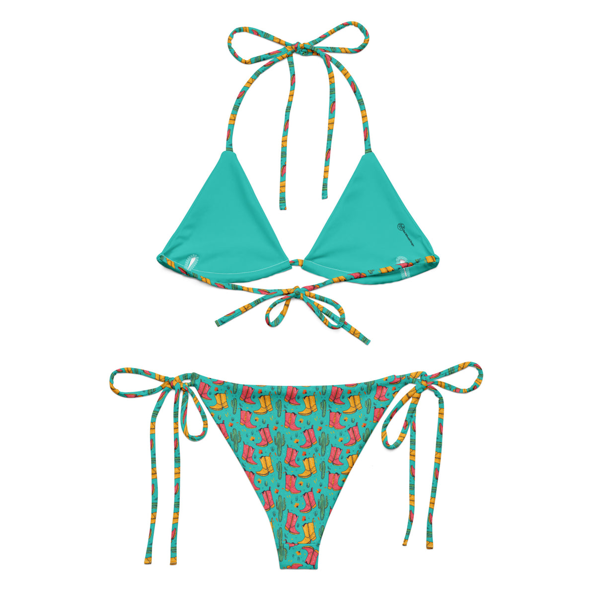 teal string bikini with small pink and yellow cowgirl boots and green cactuses pattern showing the back