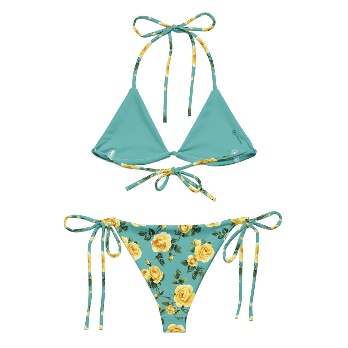 teal string bikini with yellow roses on it with small green rose leaves showing the back