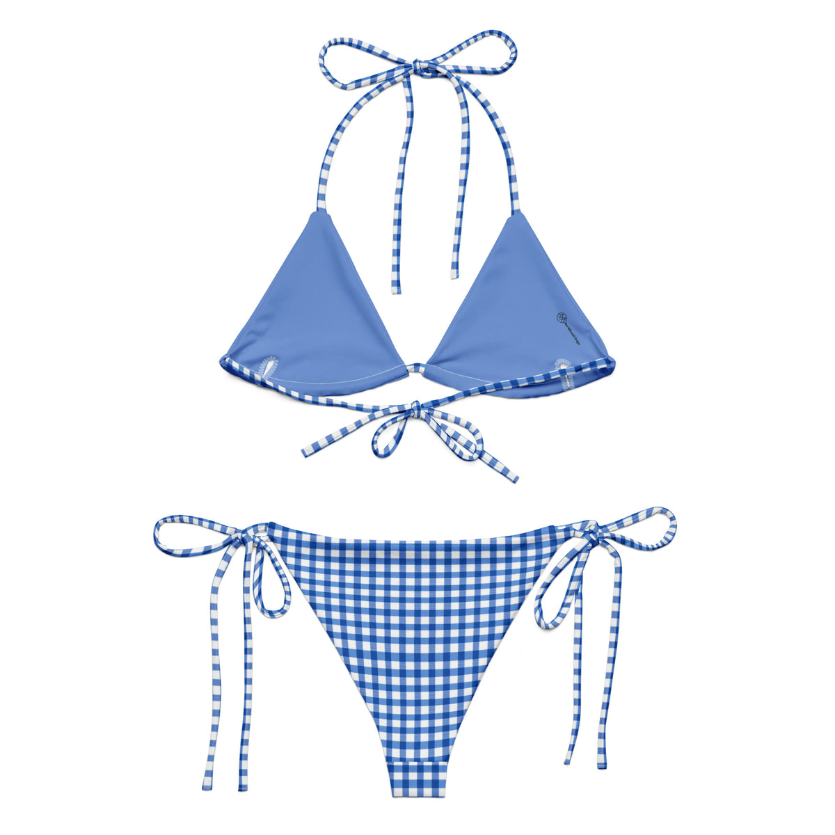 blue gingham checkered string bikini showing the back