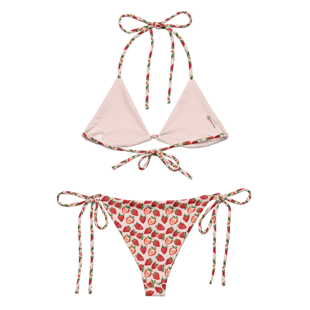 pink string bikini with strawberry and strawberry slices pattern showing the back