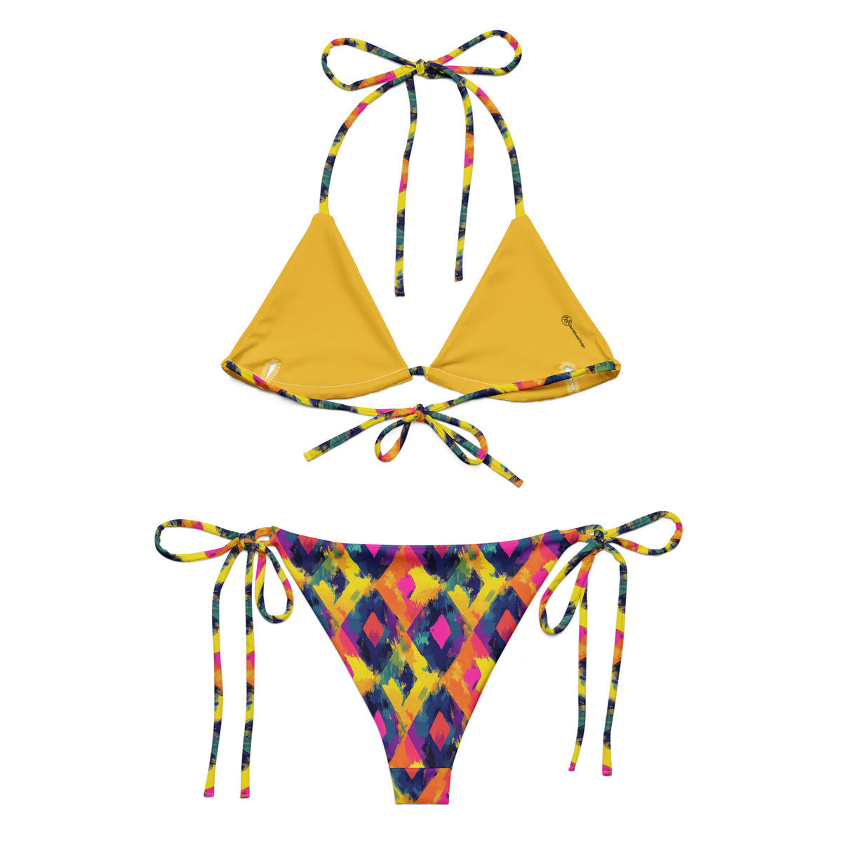 yellow string bikini with a colorful rainbow diamond geometric blue pink feminine western texas pattern showing the back