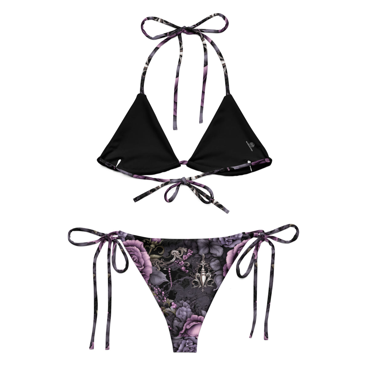 black bikini with purple and gray gothic details and floral pattern back view
