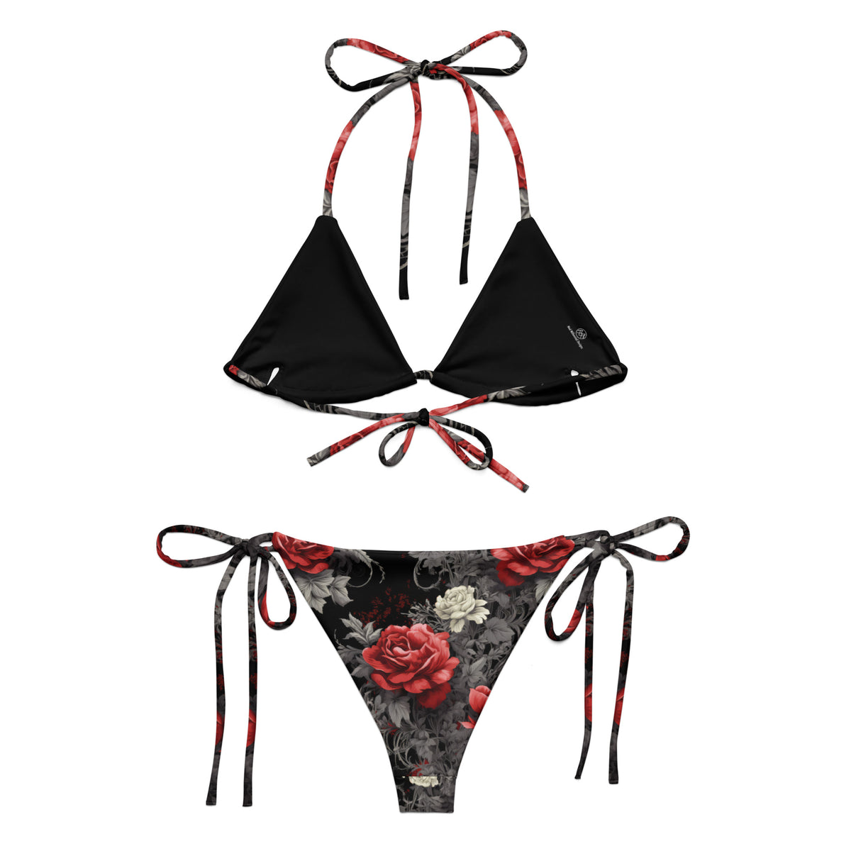 Black floral bikini with red and gray gothic details back view