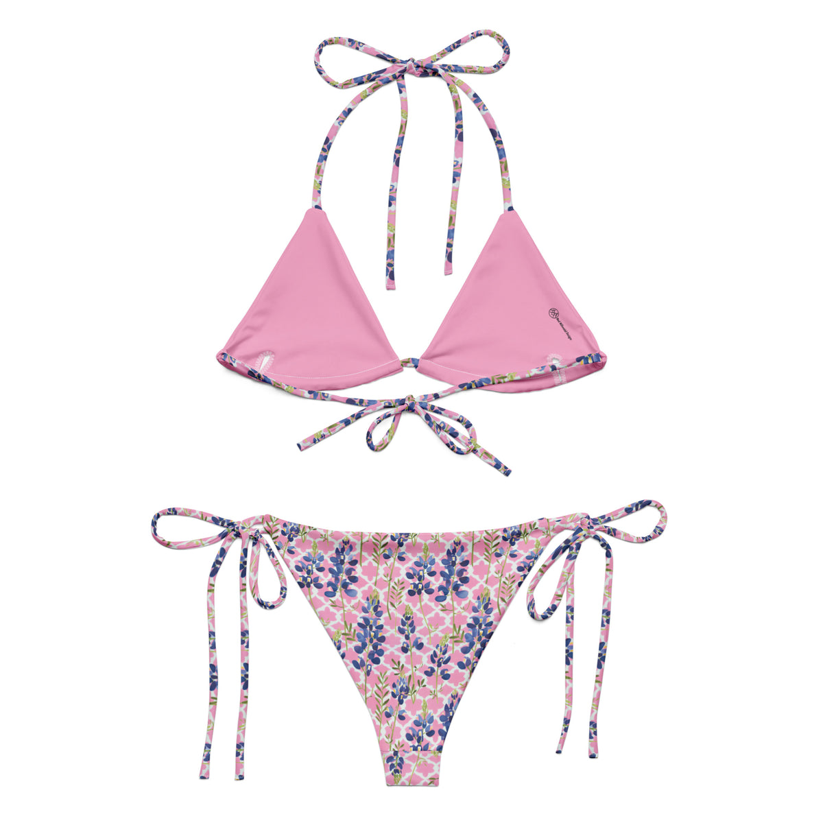 pink string bikini with quatrefoil and texas bluebonnet pattern showing the back