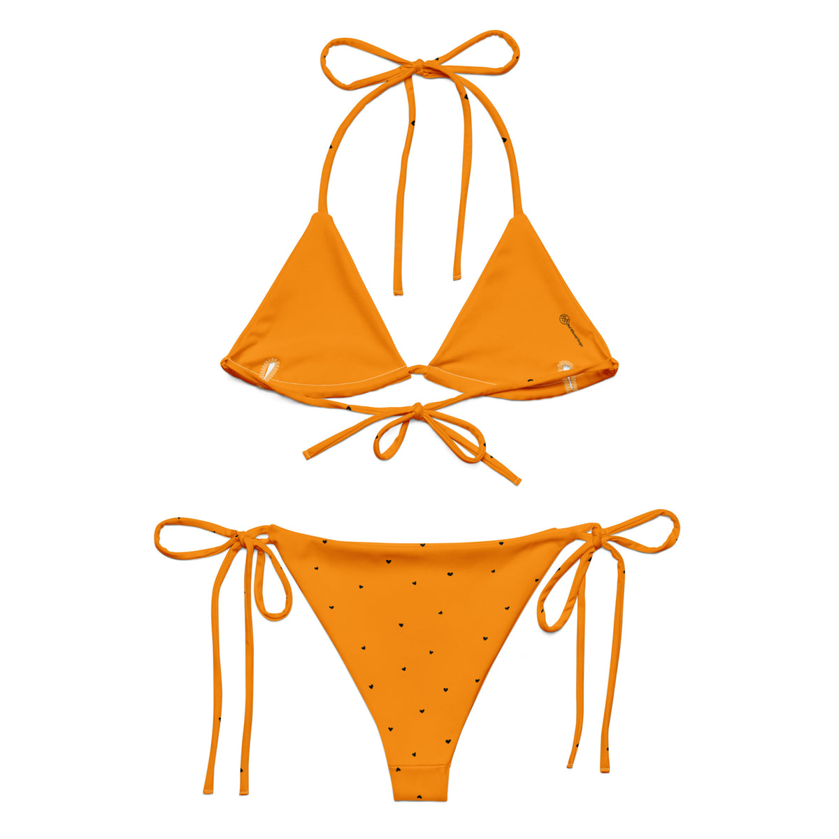Trixie bright tangerine orange string bikini with tiny black heart print back